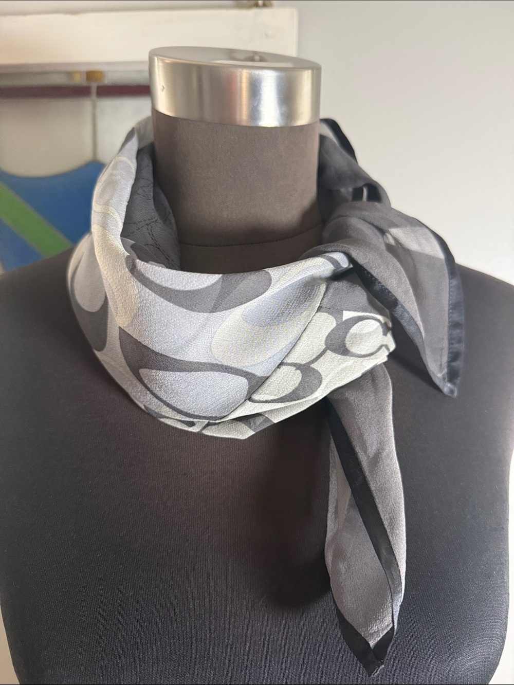 Coach Signature 100% Silk Scarf - Neutral Grey/Black Patchwork Design